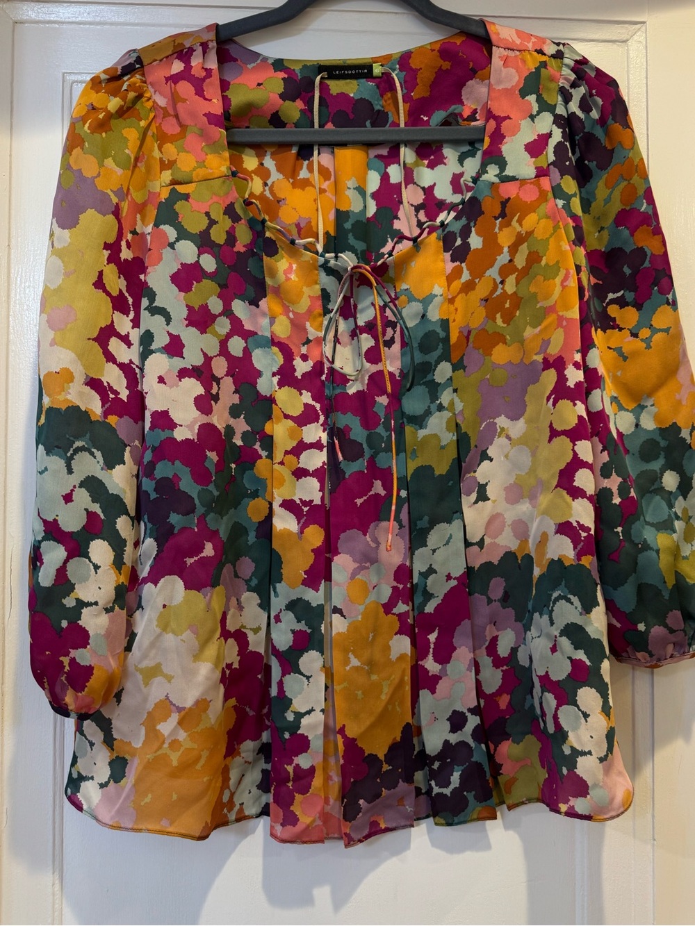leifsdottir Multicolor Floral Tie-Neck Blouse in Magenta, Mustard, Teal